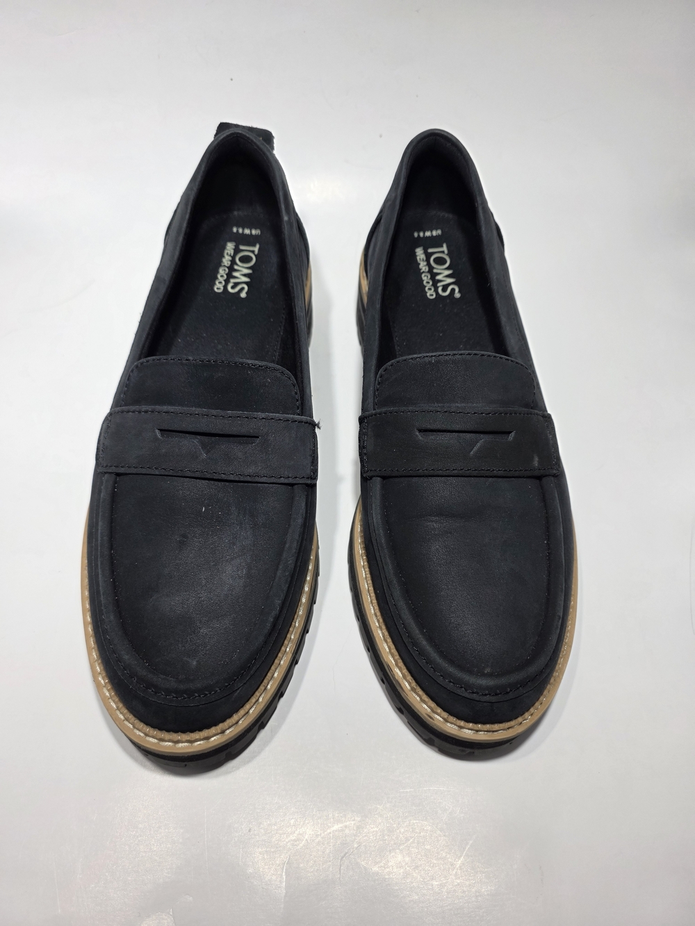 TOMS Darcy Black Nubuck Leather Lug Sole Penny Loafers Womens 8.5